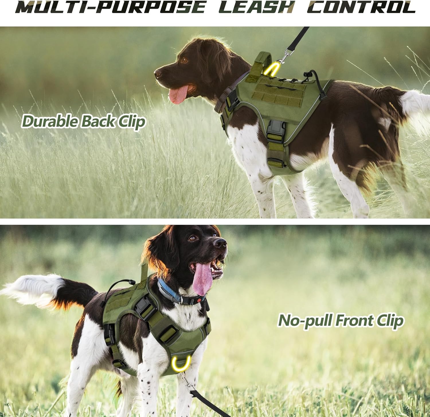 WINGOIN Arnés táctico verde con asa para perros grandes, antitirones, ajustable, reflectante, K9, chaleco militar con asa de fácil control y par de