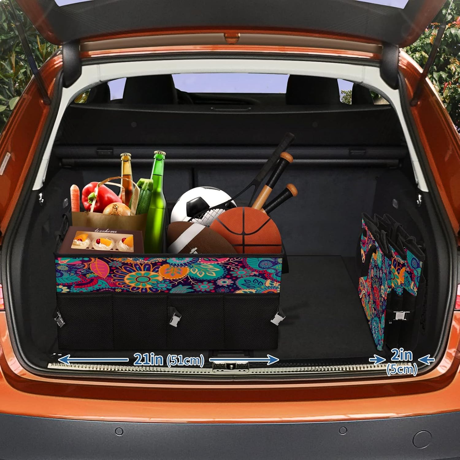 Organizador de maletero de automóvil, colorido étnico floral, bolsa de almacenamiento grande con divisores para SUV, plegable, cesta de comestibles,