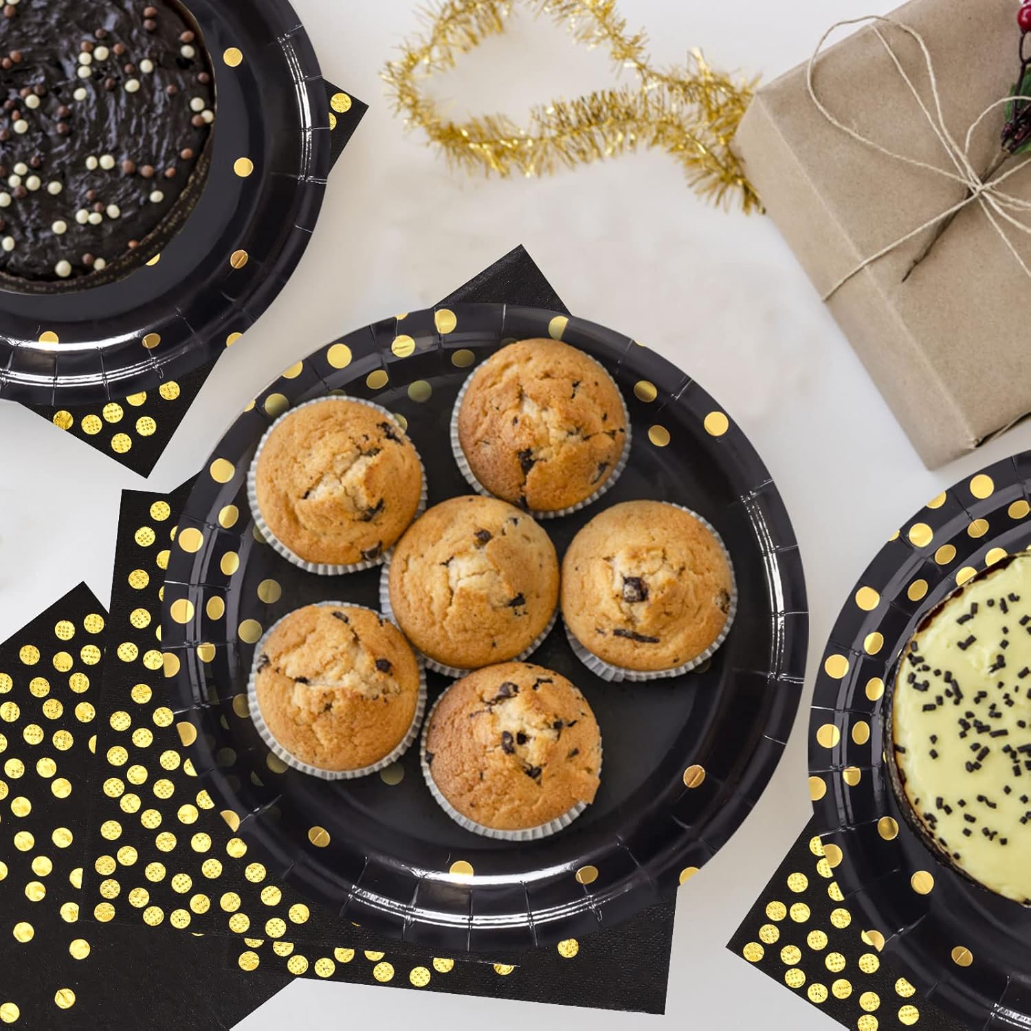 Disposable Paper Plates 100 Pack – Black and Gold Plates & Napkins, 50 x 9 & 50 x 6.5, Party Supplies for Graduation, Retirement, All Occasions