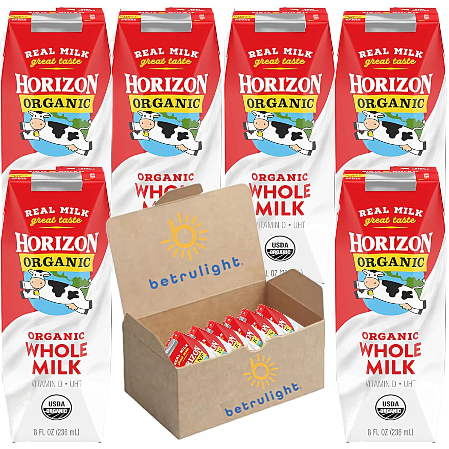 Leche orgánica, leche entera orgánica Horizon  Leche permanente, surtido de leche alimentada con pasto de vainilla, chocolate y fresa, cajas de