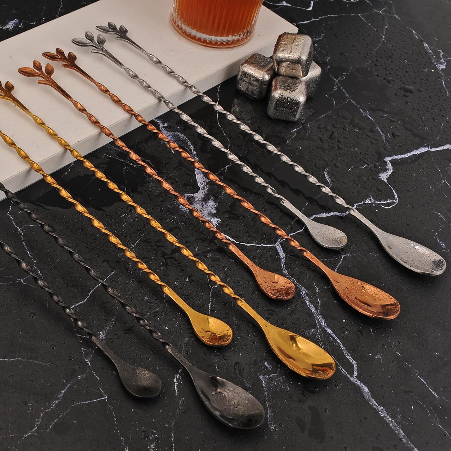 AnSaw Cuchara mezcladora de acero inoxidable de 12 pulgadas, 6 cucharas de barra con patrón en espiral dorado