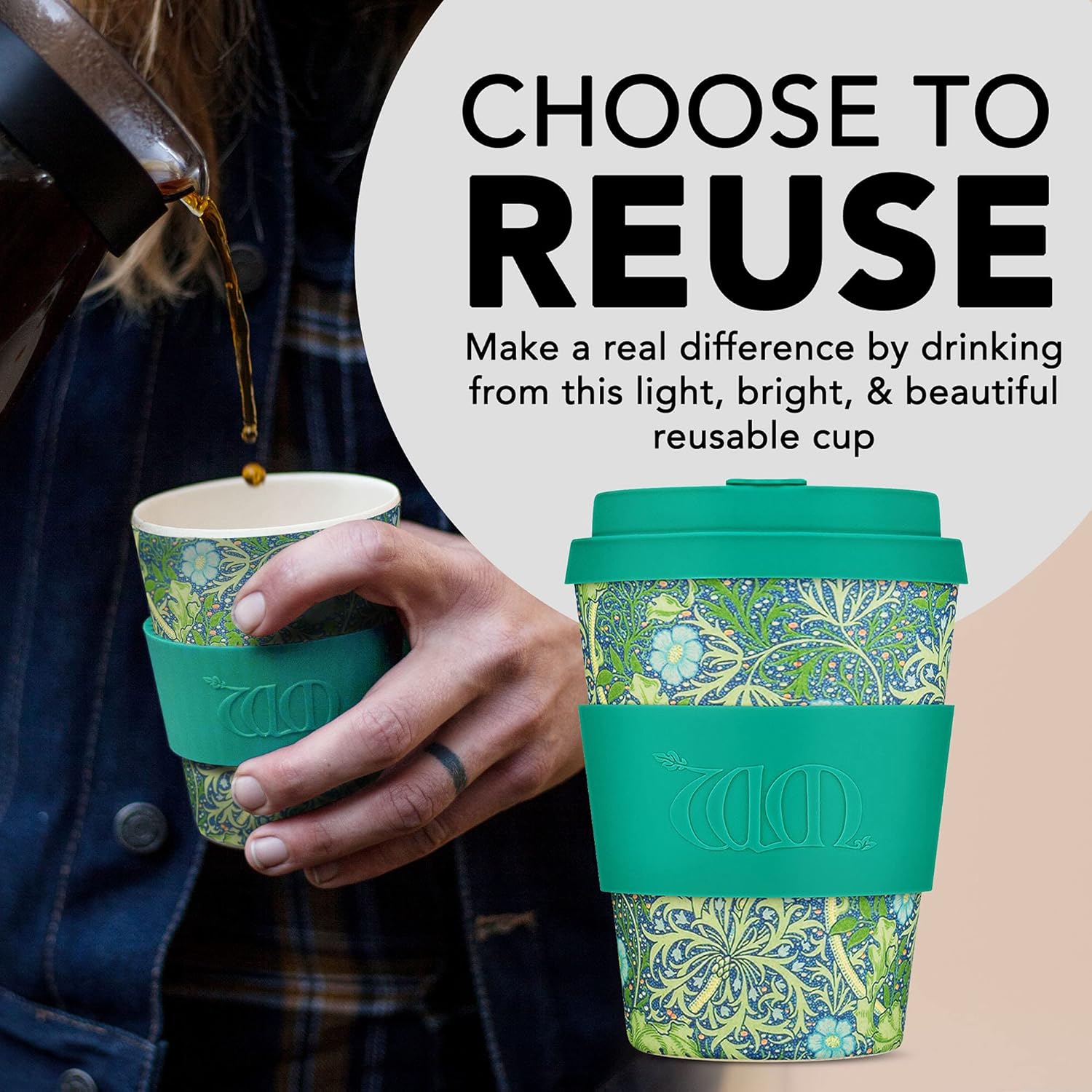 Ecoffee Cup + William Morris Seaweed Marine con silicona turquesa de 12 onzas, reutilizable y respetuosa con el medio ambiente para llevar