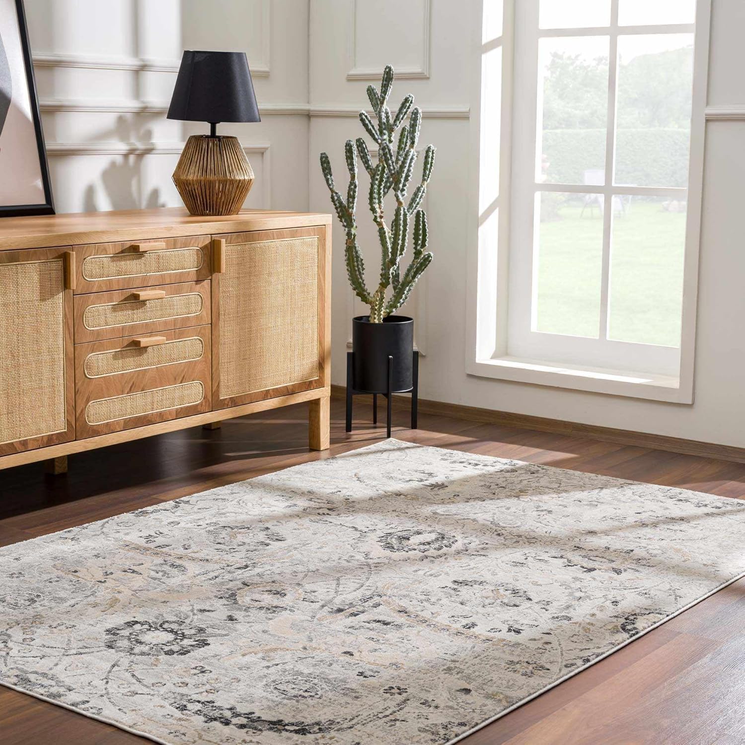 Hauteloom Georgiana – Alfombra rústica para sala de estar, dormitorio, comedor, estilo persa, aspecto floral tradicional, color gris, negro, marrón