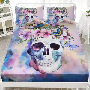 AILONEN Juego de sábanas bajeras de calavera floral tamaño matrimonial para niños y niños, juego de ropa de cama con diseño de calavera floral en 3D AILONEN Juego de sábanas bajeras de calavera floral tamaño matrimonial para niños y niños, juego de ropa de cama con diseño de calavera floral en 3D