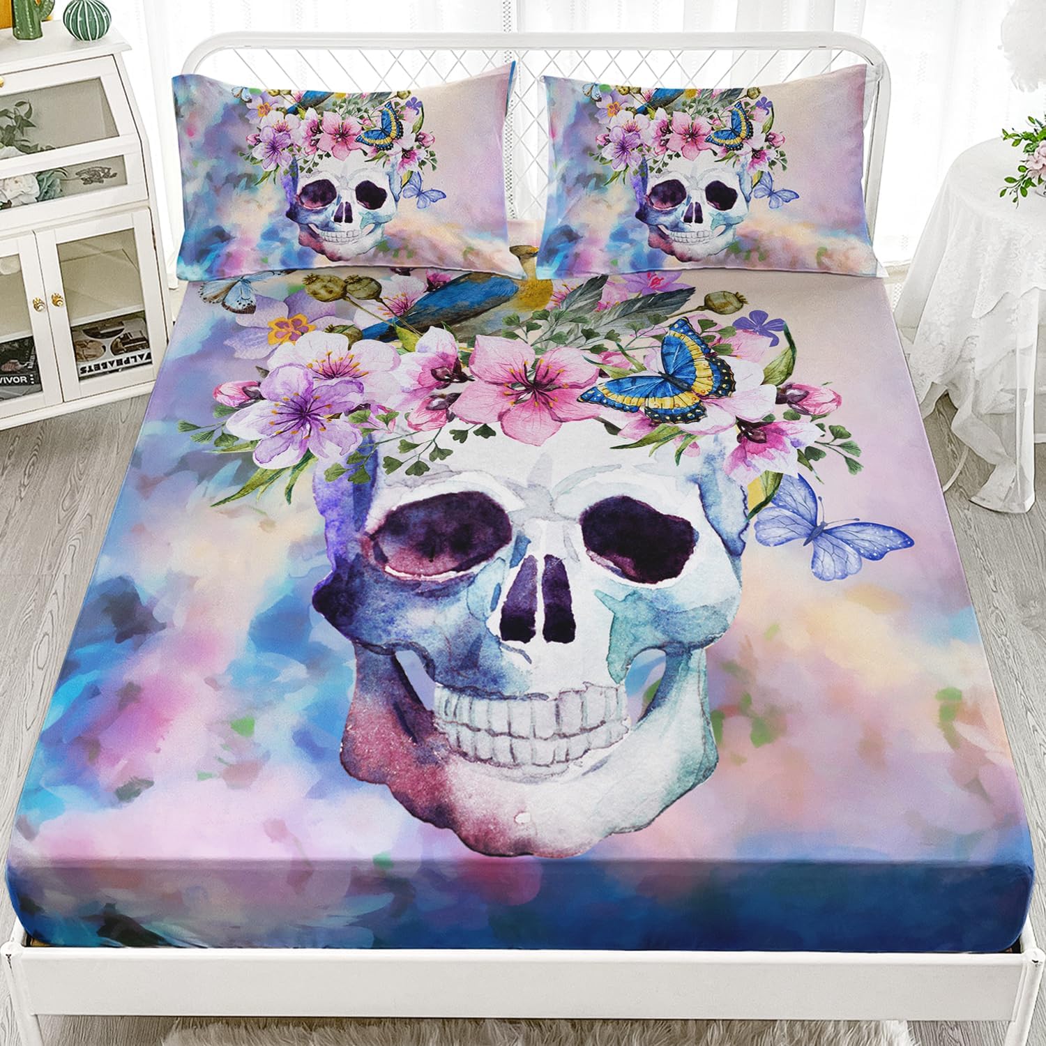 AILONEN Juego de sábanas bajeras de calavera floral tamaño matrimonial para niños y niños, juego de ropa de cama con diseño de calavera floral en 3D