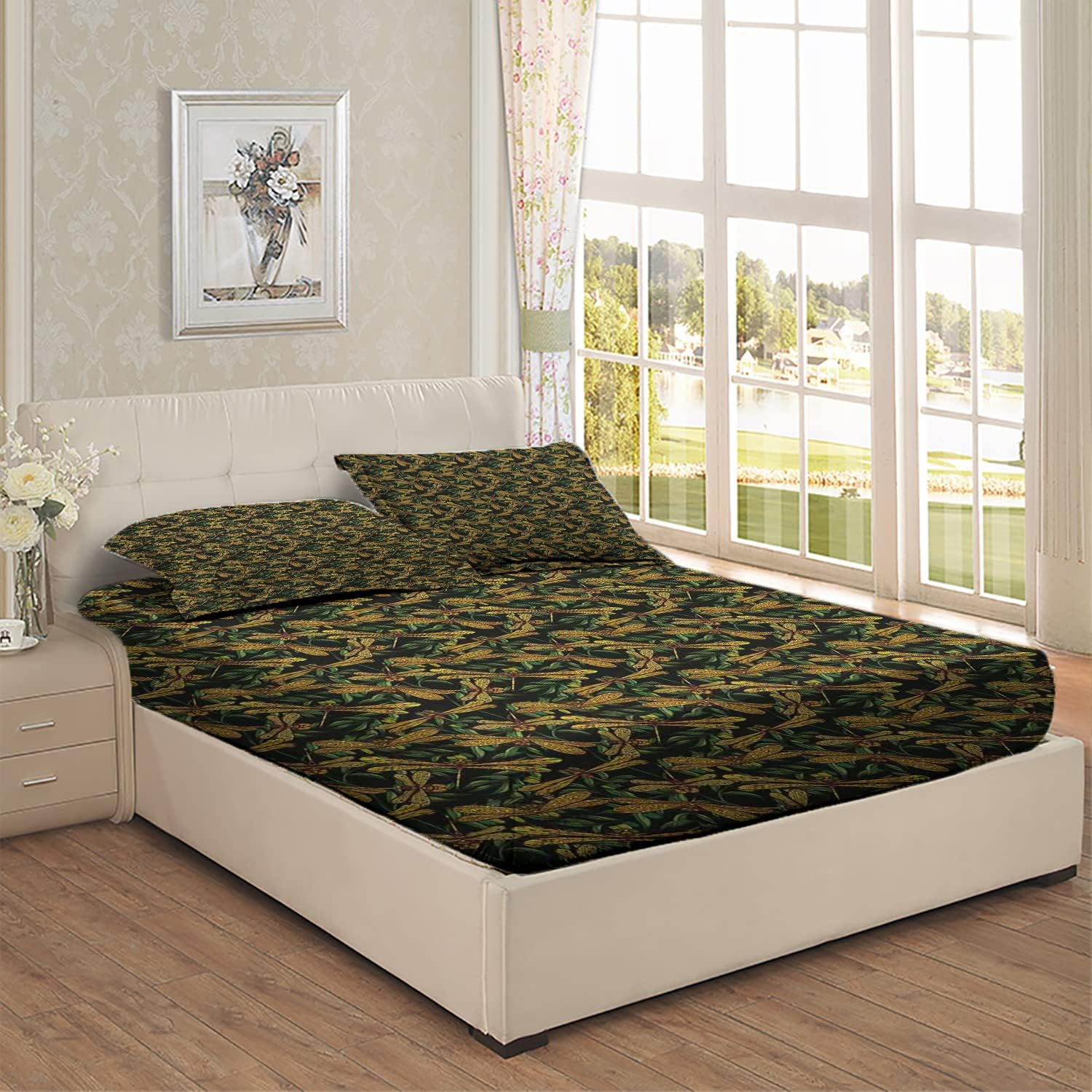 Juego de sábanas bajeras de tamaño matrimonial, diseño de ramas de olivo verde, juego de ropa de cama de 3 piezas con estampado decorativo, se