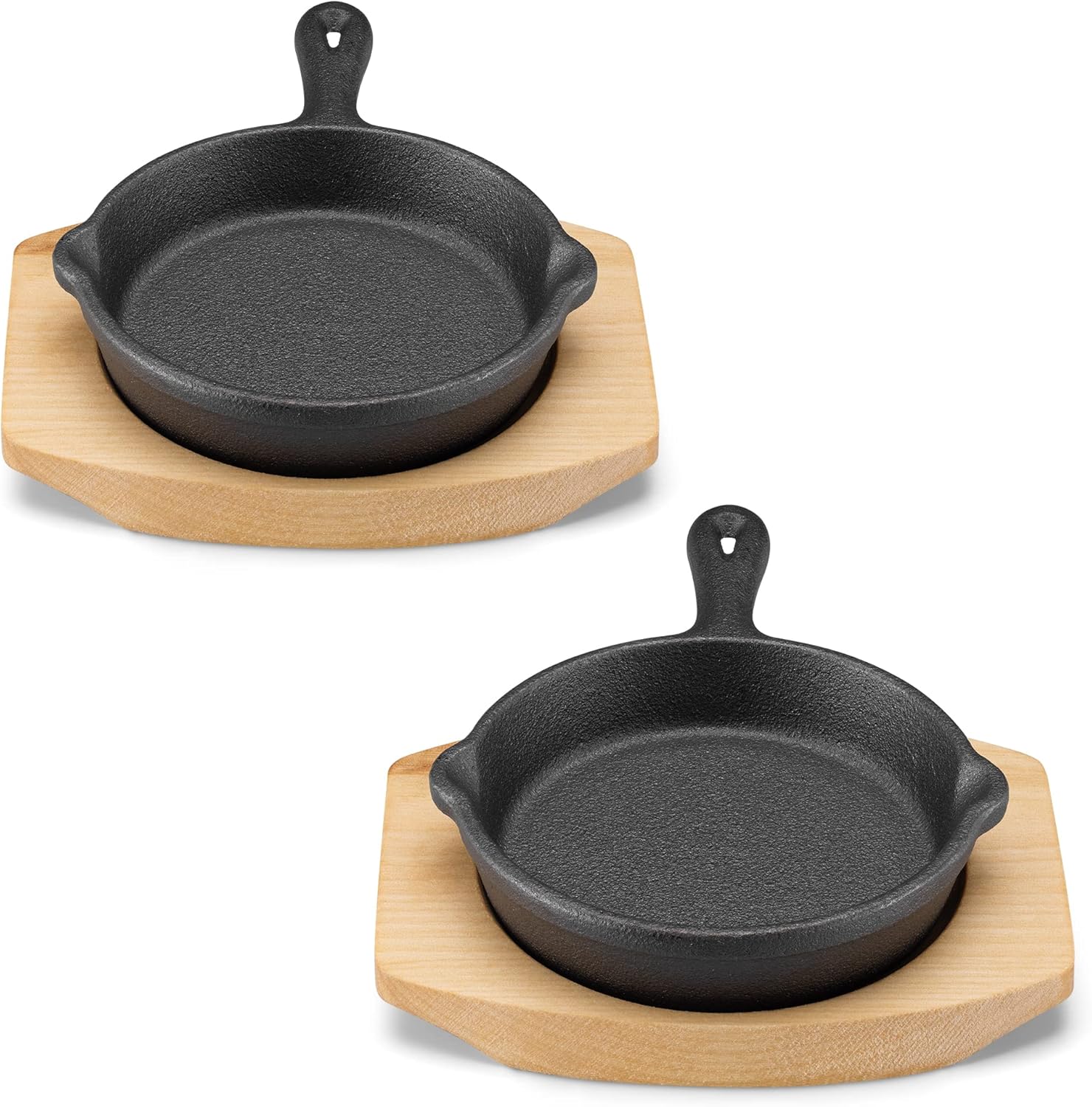 Mini sartén de hierro fundido con base de madera (juego de 2) – Sartén de hierro fundido con base de madera protectora – Sartén de metal resistente