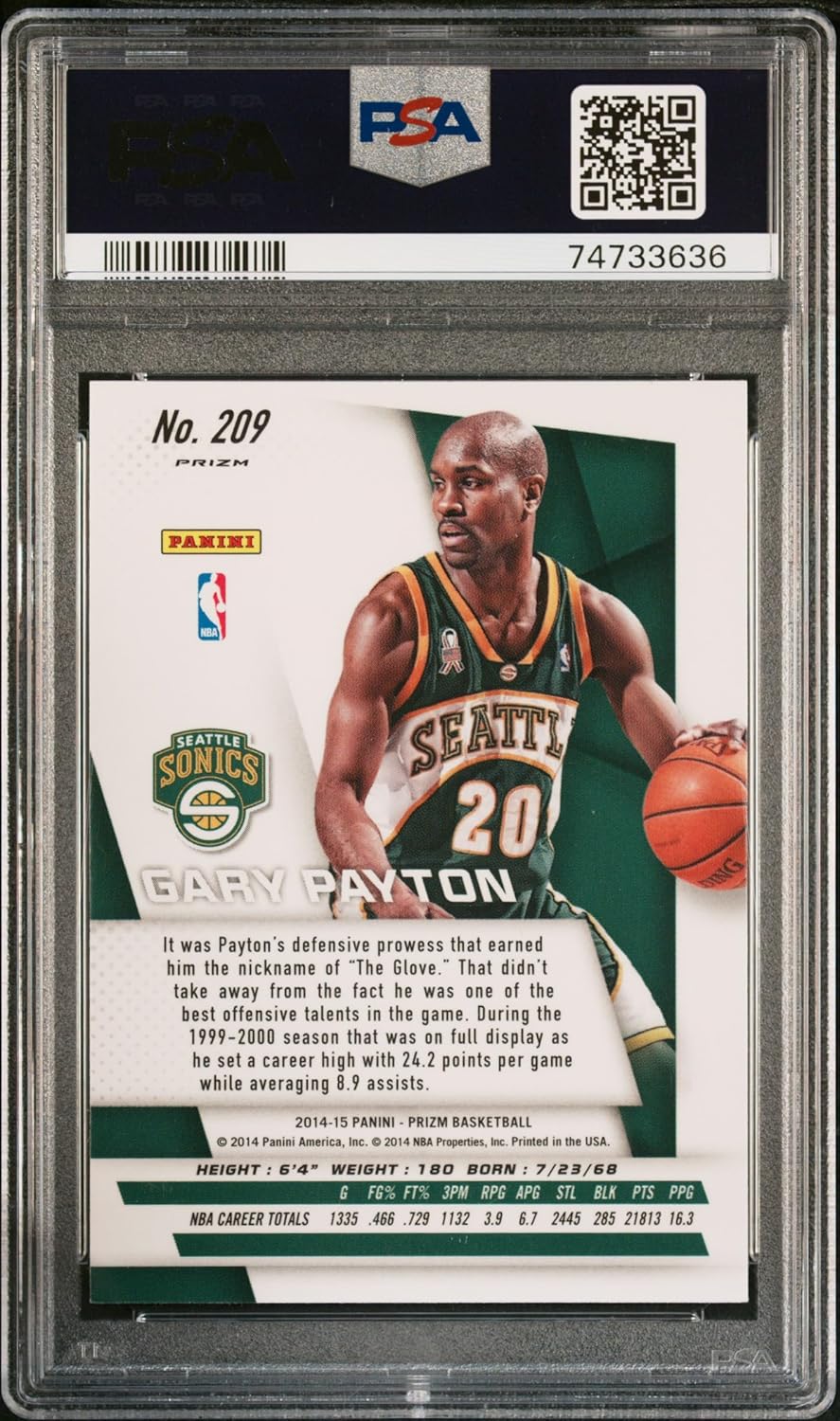 Gary Payton 2014 Panini Green Prizm Signed Basketball Card #209 Auto PSA