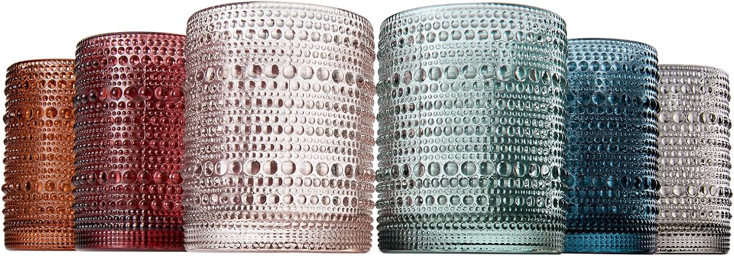 Khen Juego de 6 vasos con cuentas, diseño vintage de hobnail de 11 onzas, diseño de burbujas apagadas para whisky, anticuado, diseño en relieve,