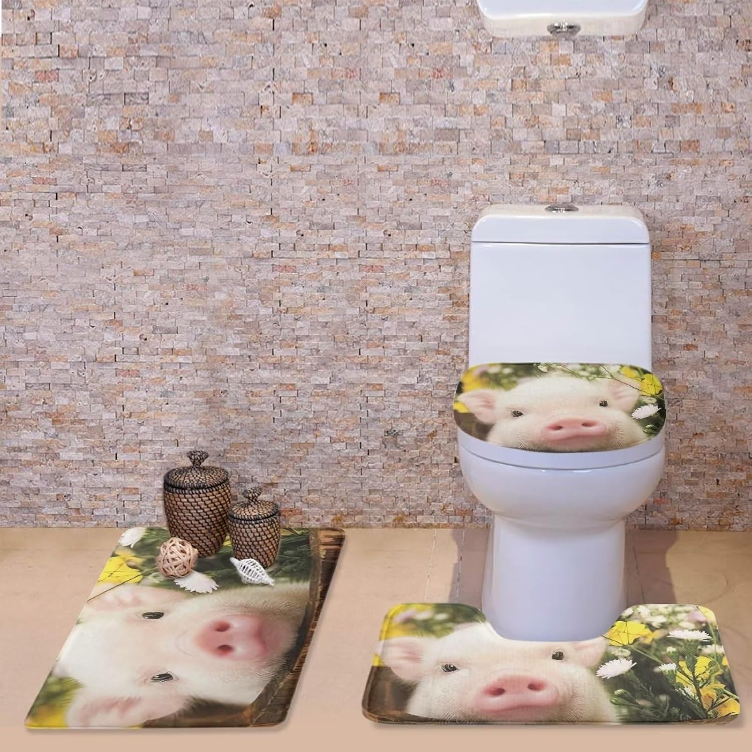 chaqlin Juego de 3 alfombras de baño antideslizantes con estampado de cerdo 3D, lavables, juego de fundas para tapa de inodoro, bonitos juegos de