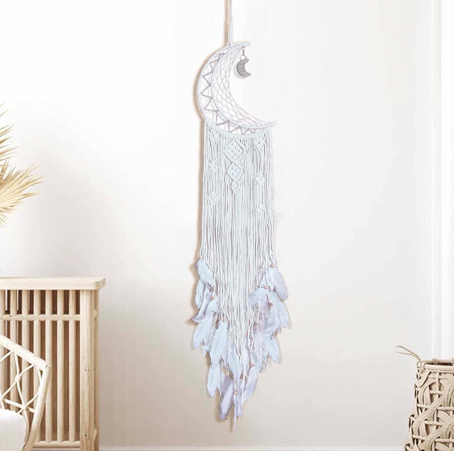 Atrapasueños de luna, atrapasueños bohemio, decoración de pared de plumas para dormitorio y hogar, decoración hecha a mano, decoración artesanal,