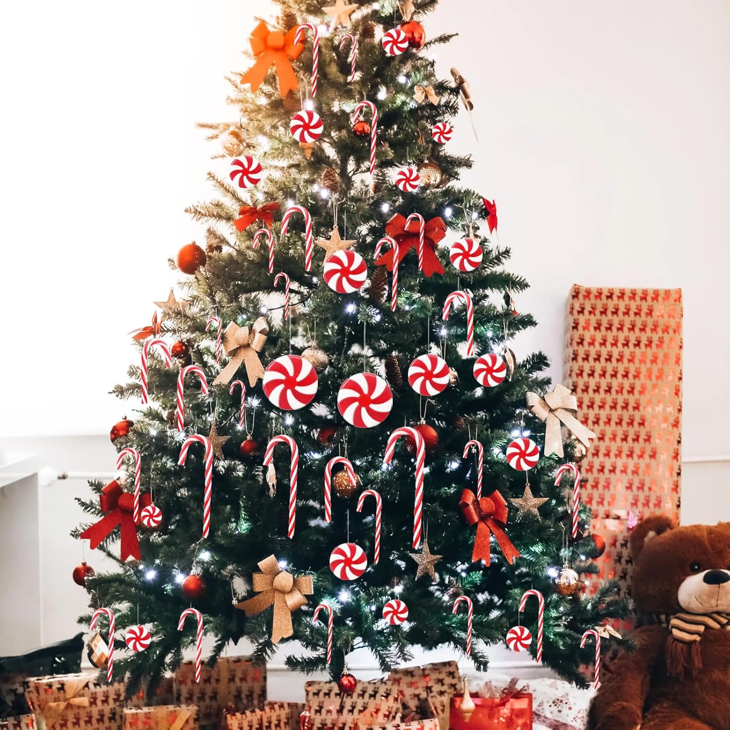 48 adornos de bastón de caramelo, adornos colgantes de Navidad, decoraciones de árbol de Navidad, adornos de plástico para muletas trenzadas para