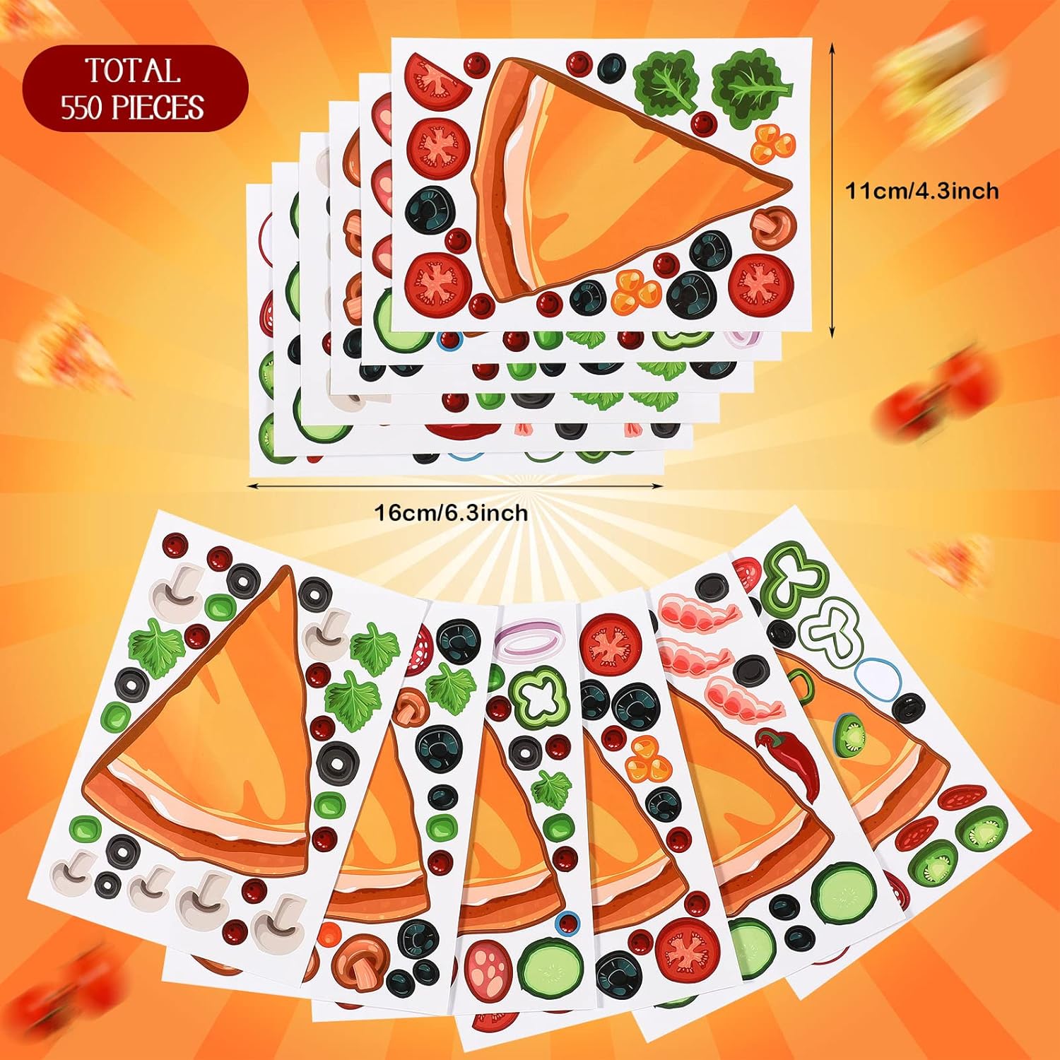 24 hojas de calcomanías para hacer tu propia pizza, mezcla y combina calcomanías de pizza DIY pizza se adhiere a hongos, calcomanías de pizza,