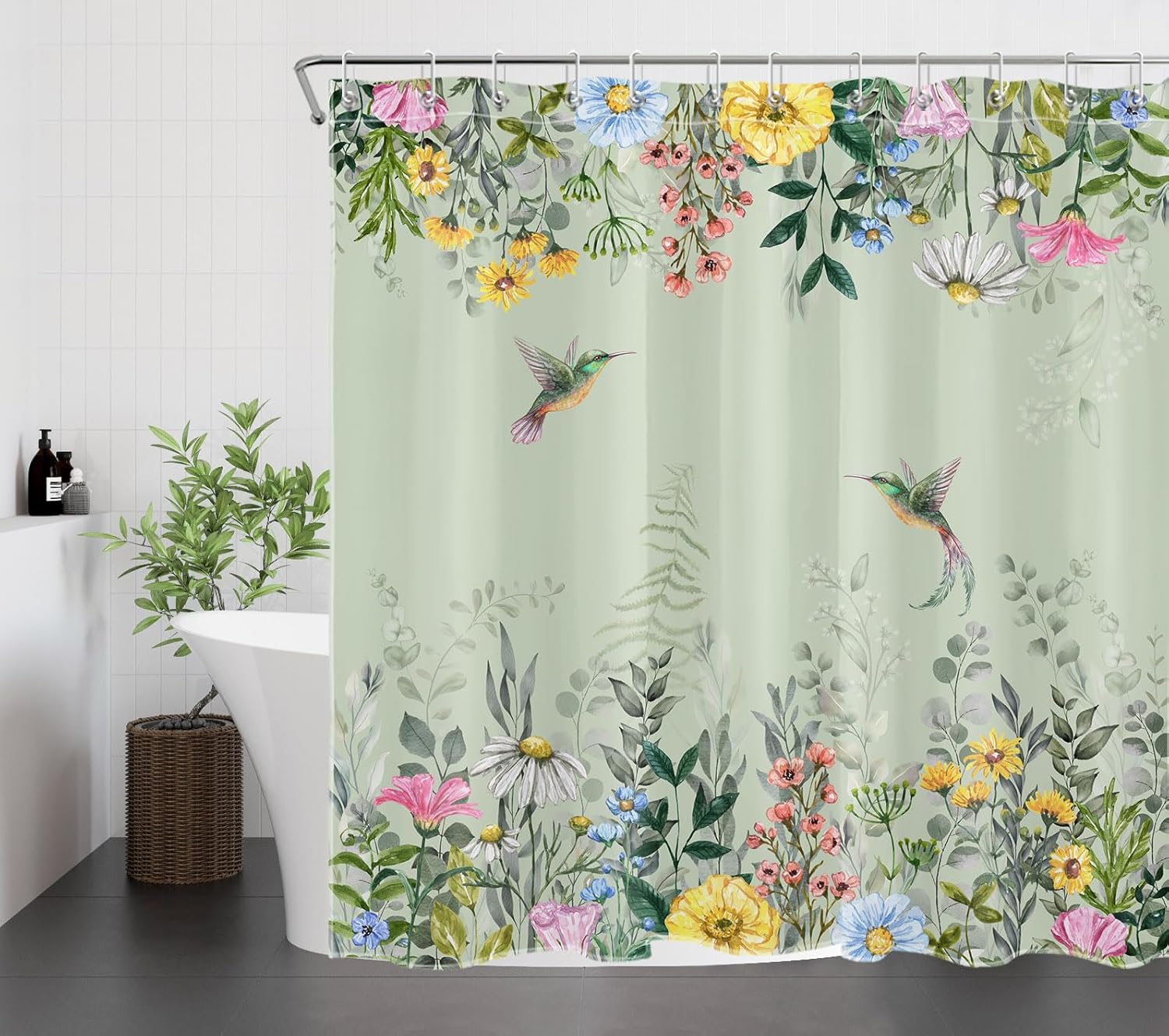 LB Watercolor Floral Shower Curtain Sets with Rugs Hummingbird and Colorful Flower with Eucalyptus Leaf on Sage Green Fabric Shower Curtain with