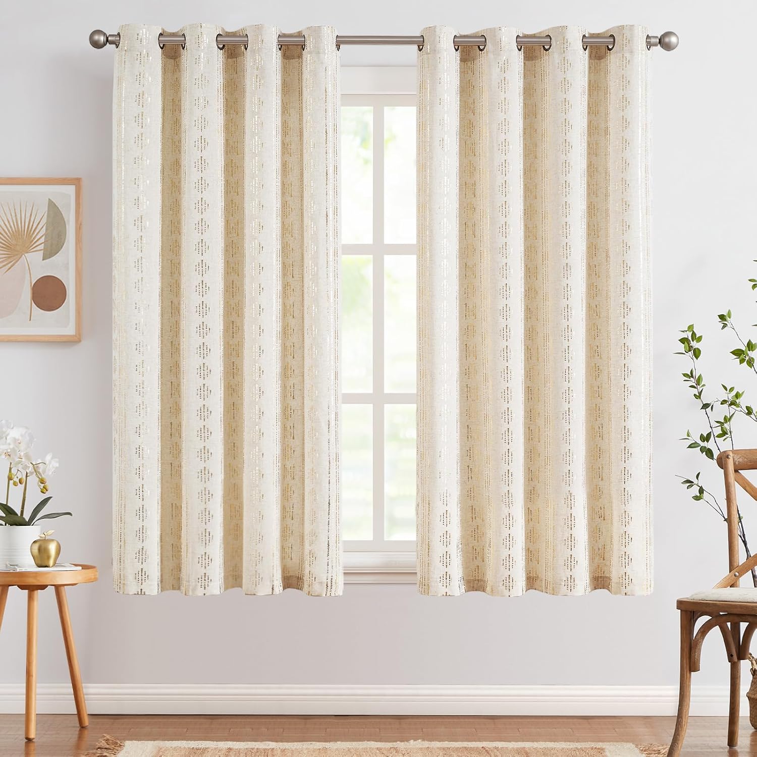 jinchan Cortinas bohemias de lino para sala de estar, cortinas con estampado de lámina dorada, 63 pulgadas de largo, 2 paneles de cortinas