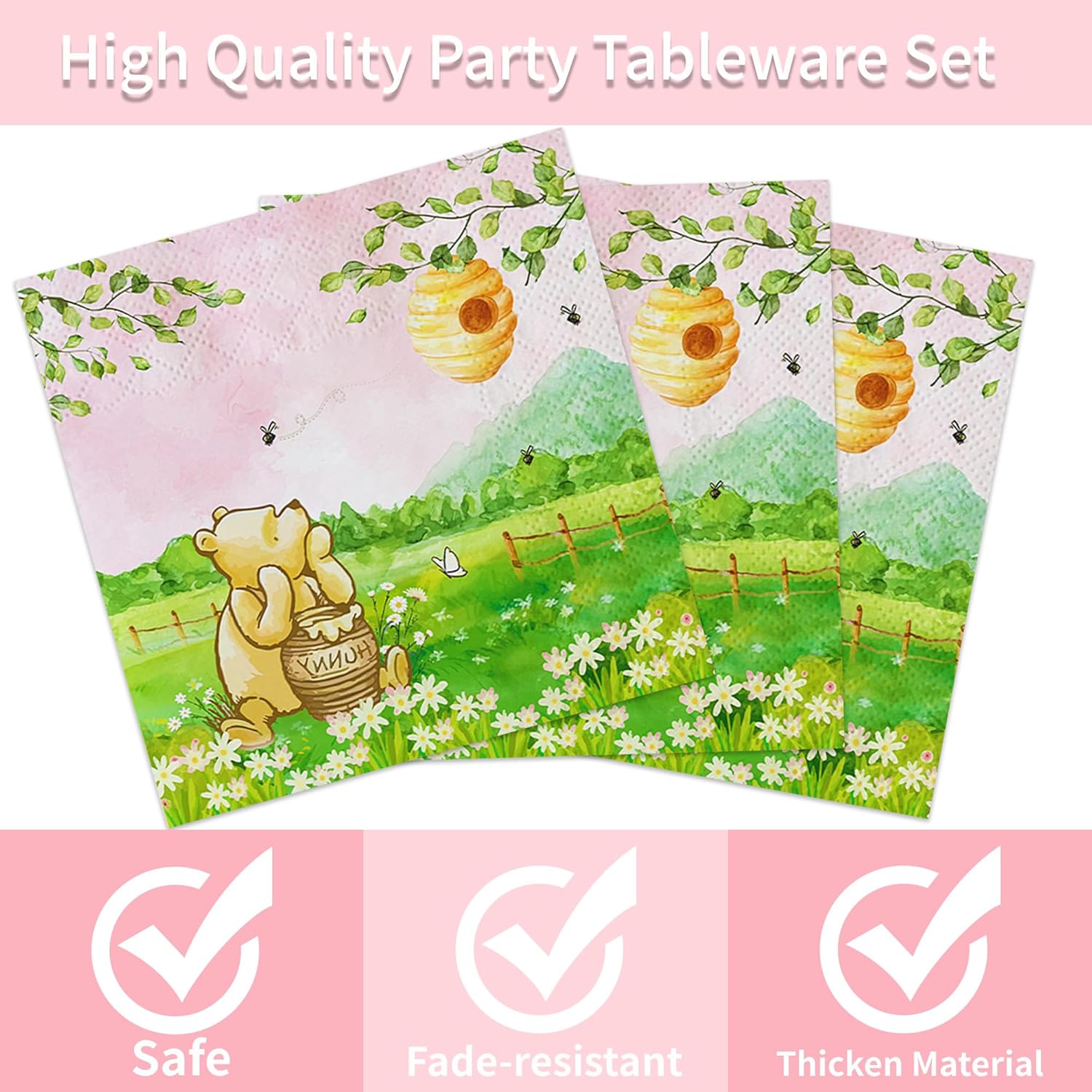 120 piezas de decoración de baby shower, platos Pooh para niñas, suministros para fiesta de cumpleaños, tazas de oso vintage, juego de vajilla de