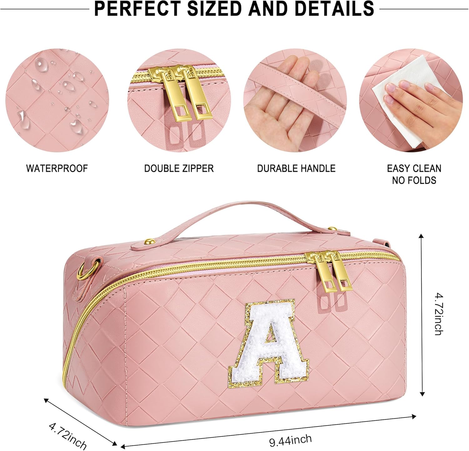 Bolsa de cosméticos de viaje de gran capacidad  Bolsa de maquillaje portátil con inicial para mujer, bolsa organizadora de maquillaje de piel