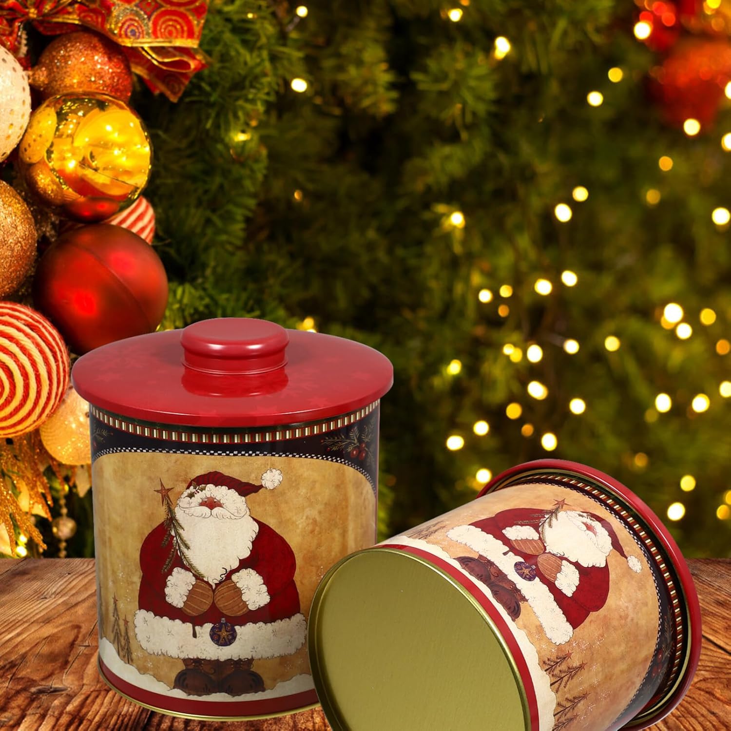 BESTonZON Latas de galletas de Navidad, 2 cajas de dulces de Navidad, latas de metal para galletas con tapas, recipientes decorativos de