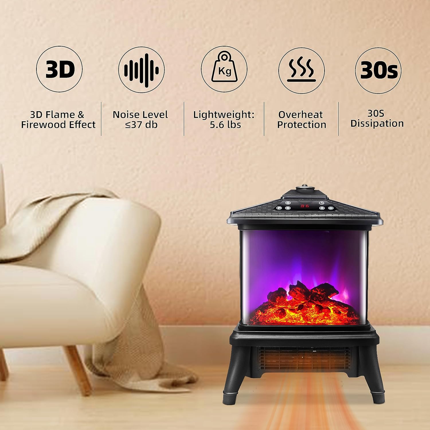 TOONLUPAL Calentador eléctrico de chimenea con control remoto de 1500 W, calentador de estufa independiente portátil, efecto de llama realista, 7