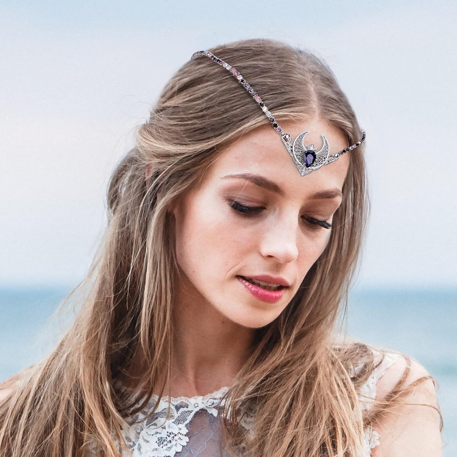 MOSTORY Handmade Silver Moon Fairy Crown Rhinestone Elf Headpiece Elven Tiara for Princess Goddess Cosplay Wedding Bridal Shower Renaissance Faire
