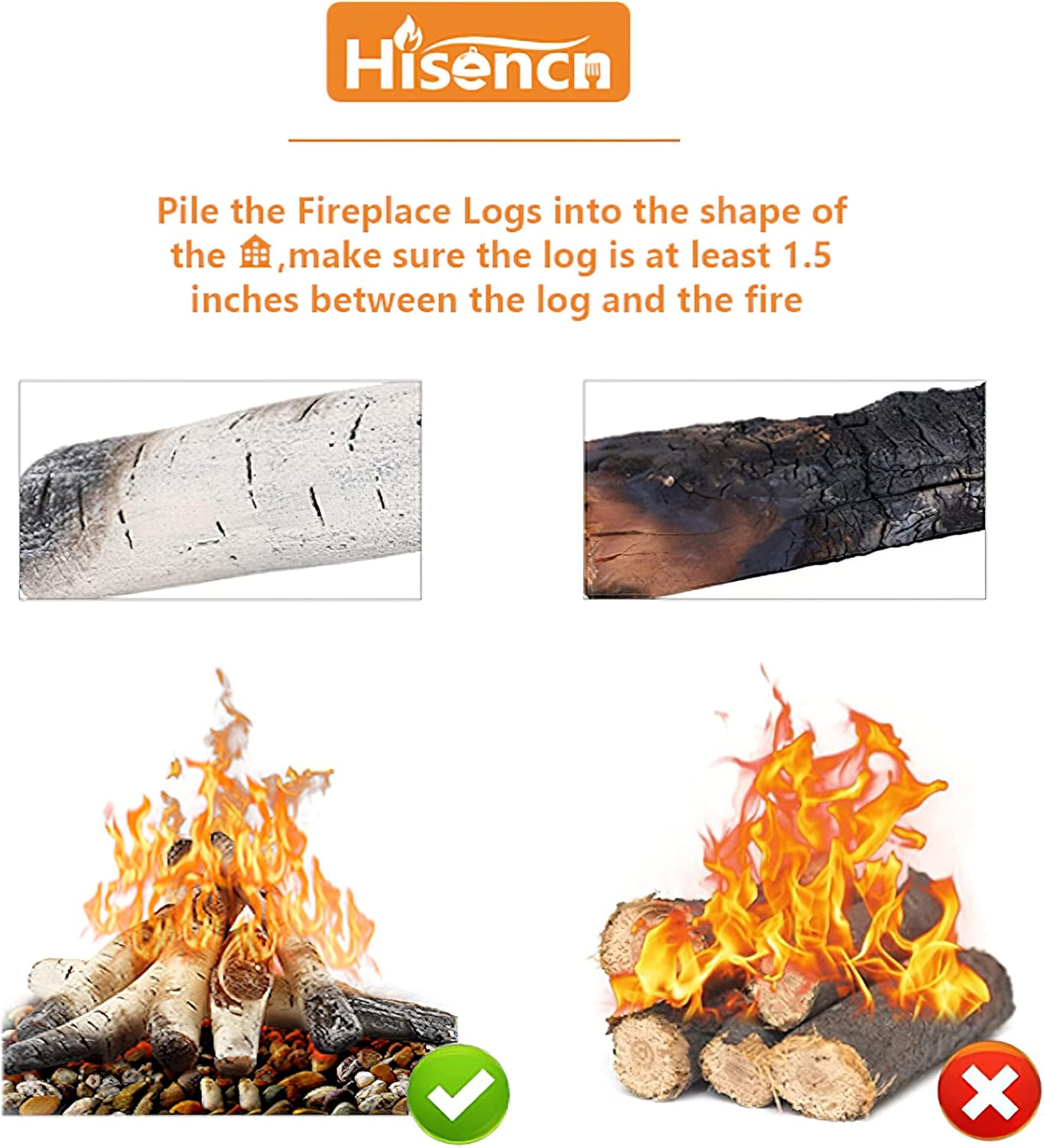 Hisencn Juego de troncos para chimenea de gas, troncos de abedul blanco de cerámica para chimeneas de gas, ventilados, chimeneas de gas eléctricas,