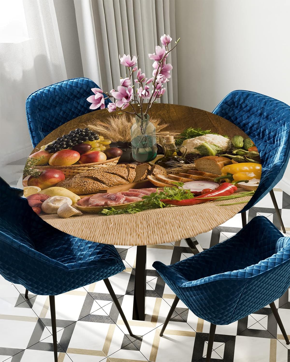 Savannan Round Tablecloth with Elastic Edged,Vintage Farmhouse Kitchen Food Fruit Vegetables Washable Reusable Tables Cover for Kitchen Dining Party