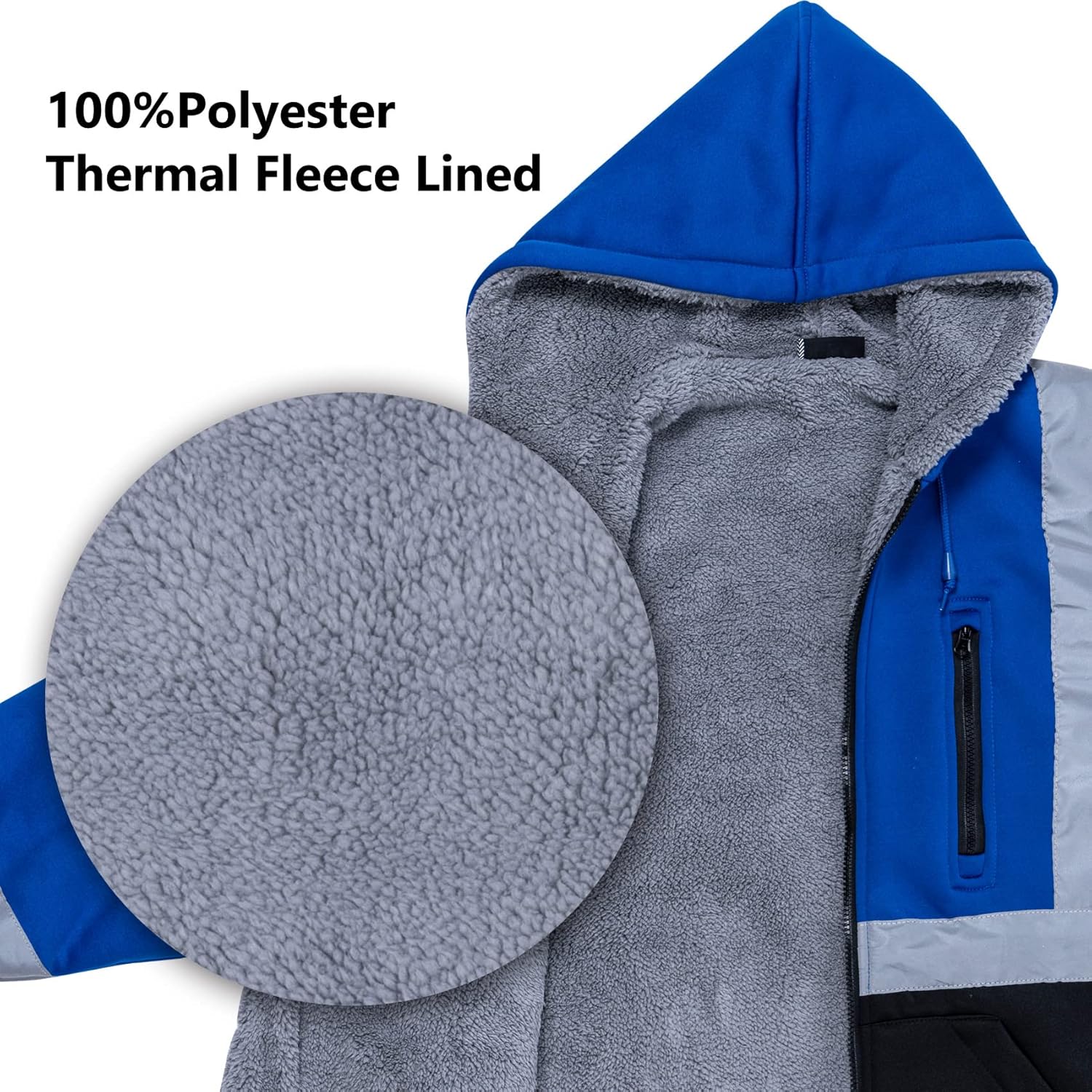 Sudaderas reflectantes de seguridad ANSI Clase 3 para hombre, de lana y forro polar, con cremallera y parte inferior negra (azul rey, XL)