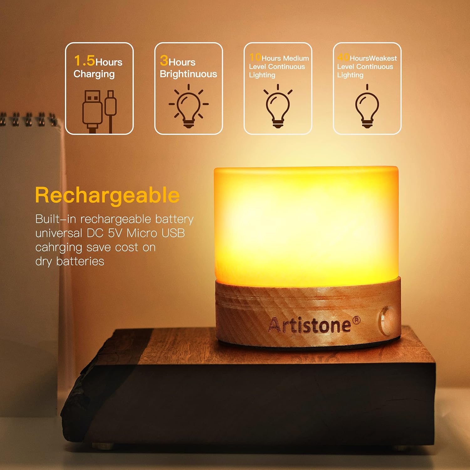 Artiistone Luz nocturna de piedra de cristal con sensor táctil de base de madera, recargable por USB, cristales curativos naturales, lámpara LED,