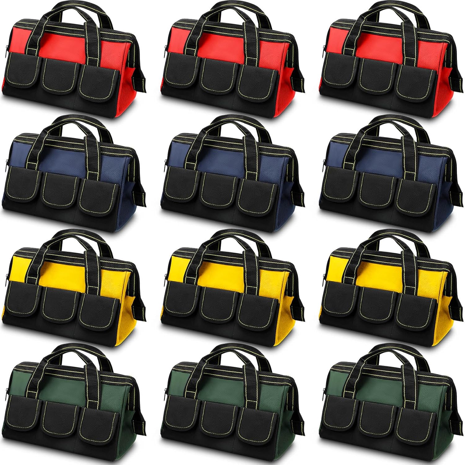 Cunno 12 bolsas de herramientas de 13 pulgadas a granel para hombres, resistentes, boca ancha, múltiples bolsillos, impermeables, parte inferior