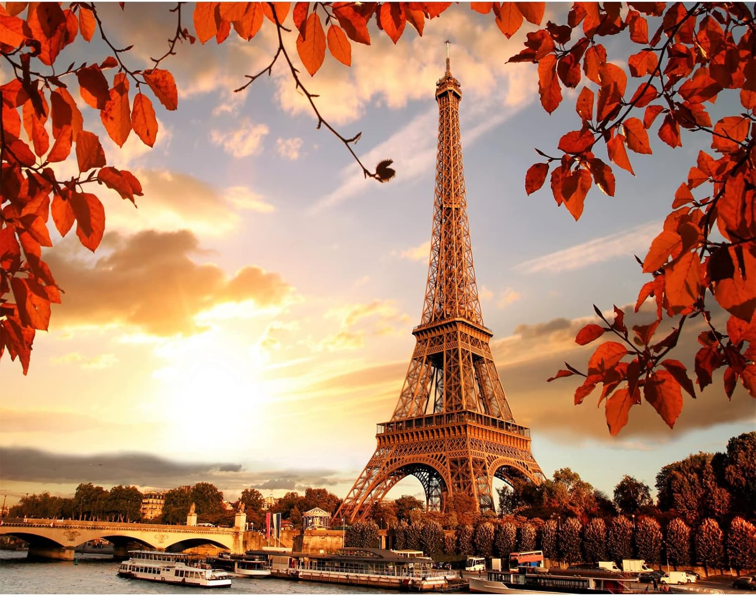 Otoño, sol poniente, torre Eiffel, 1000 piezas de rompecabezas para adultos, decoración, 30 x 20 pulgadas