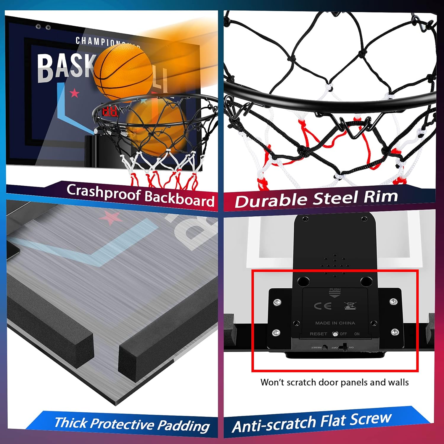 TREYWELL Aro de baloncesto interior para adolescentes y adultos, mini aro de baloncesto con marcador electrónico, 3 bolas y baterías, juguetes de