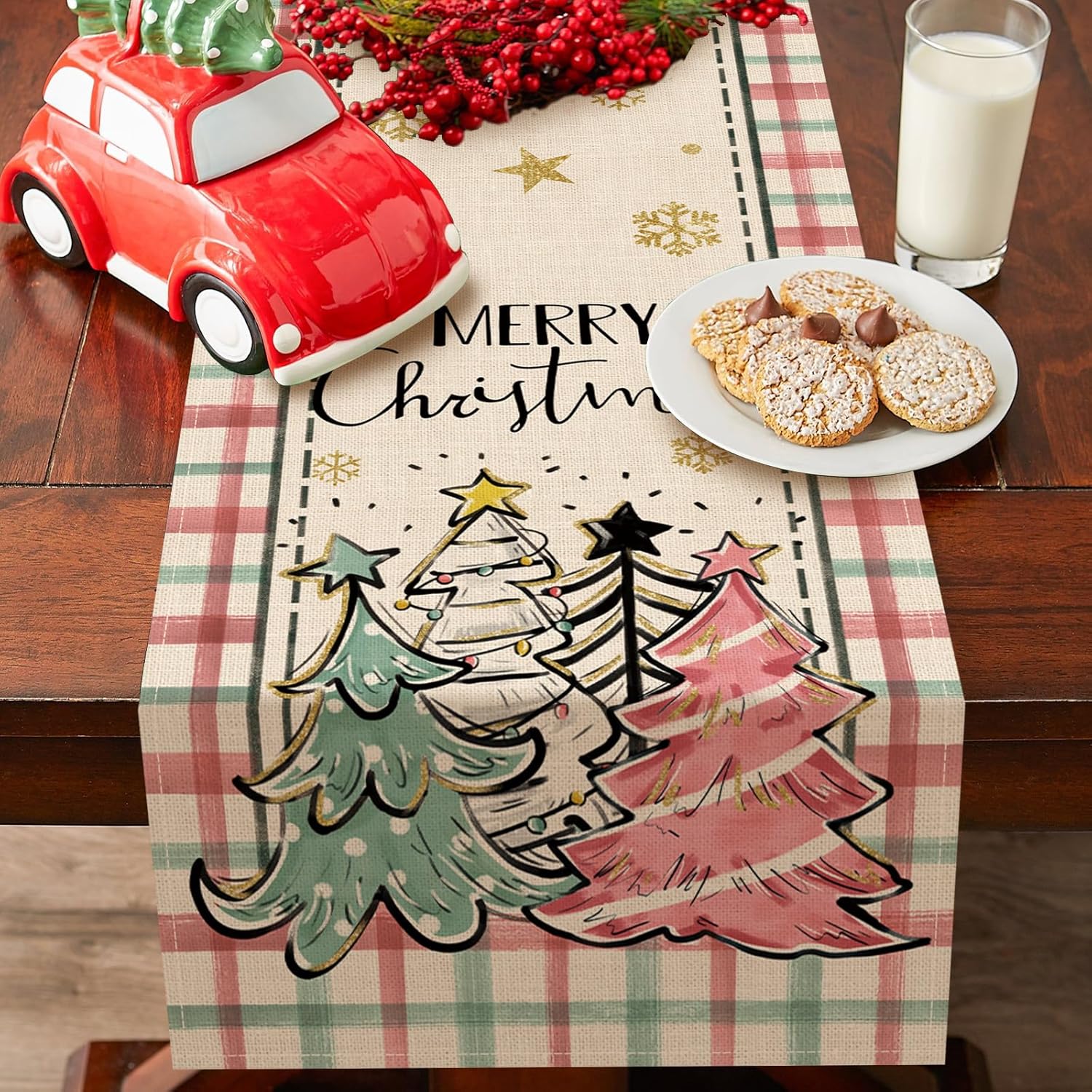Seliem Camino de mesa de copos de nieve con árbol de pino y Navidad, diseño a cuadros rosados, decoración de mesa de comedor para cocina, decoración