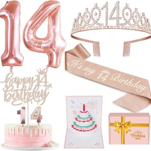 Decoraciones de cumpleaños número 14 para niñas, incluyendo banda y tiara de cumpleaños 14, velas de cumpleaños 14 y adornos para pasteles, globos Decoraciones de cumpleaños número 14 para niñas, incluyendo banda y tiara de cumpleaños 14, velas de cumpleaños 14 y adornos para pasteles, globos