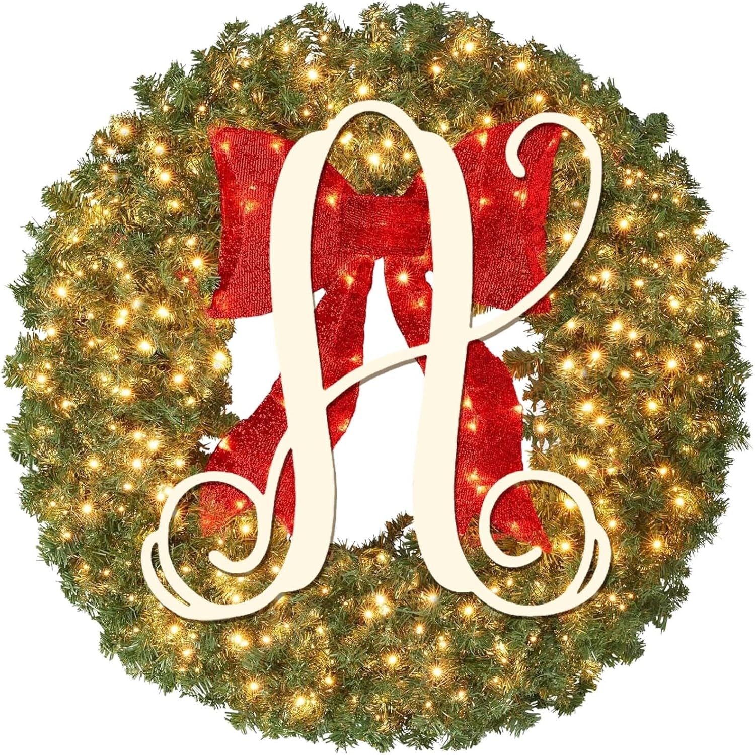 Corona de Navidad de apellido personalizada de 16 pulgadas con lazo iluminado, luces LED, 26 letras preiluminadas de abeto para puerta delantera,