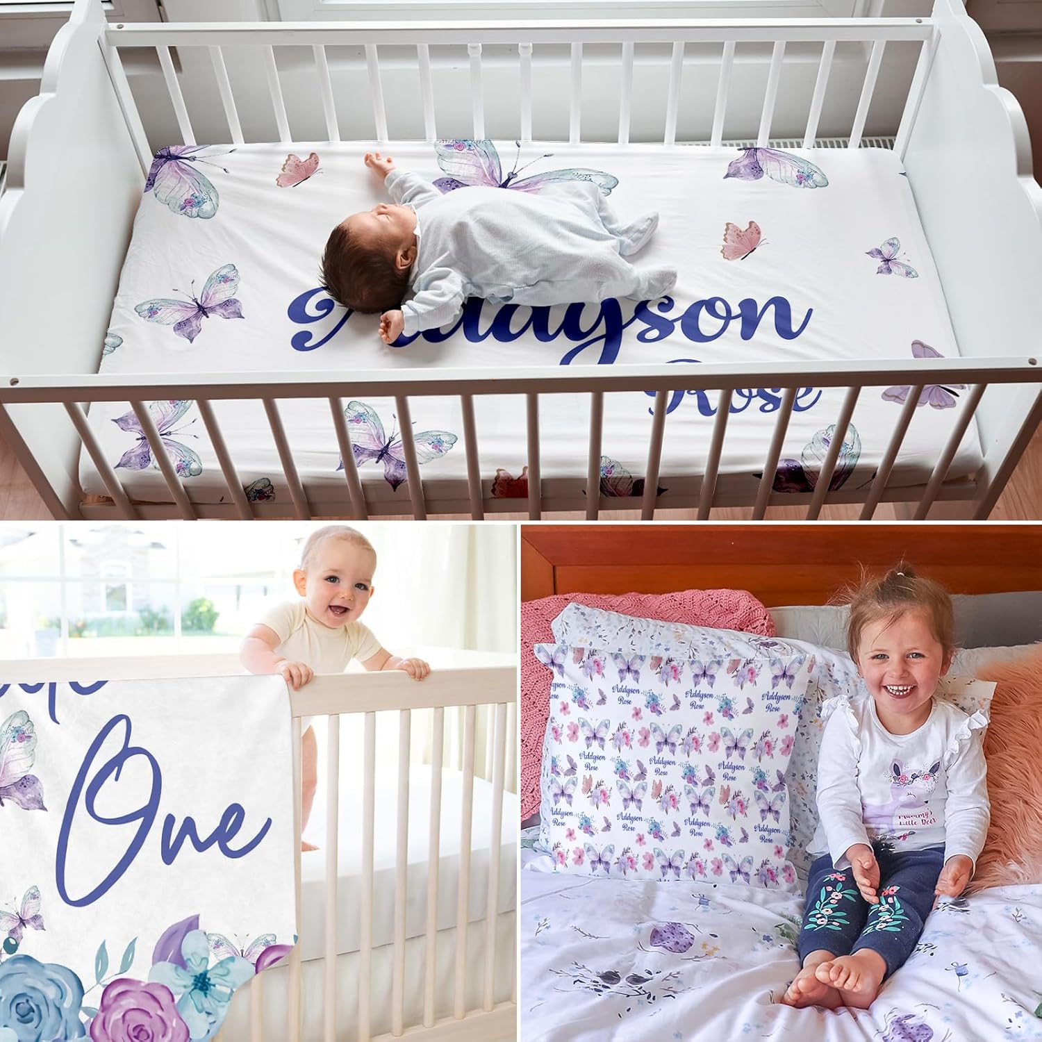 KAINSY – Juego de ropa de cama personalizada para cuna con nombre para niña, juegos de cuna de bebé con nombre personalizado para niños pequeños,