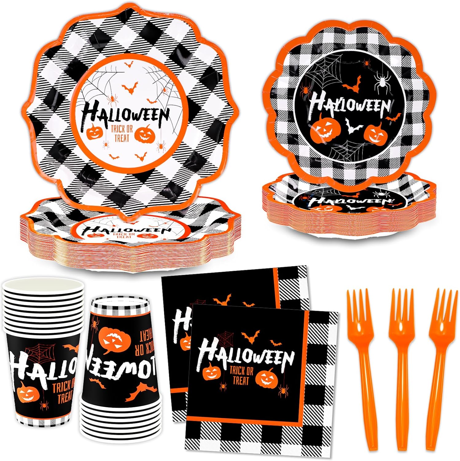 DYLIVeS Kit de suministros para fiesta de Halloween, vajilla desechable de calabaza y murciélagos a cuadros de Halloween, incluye platos de cena,