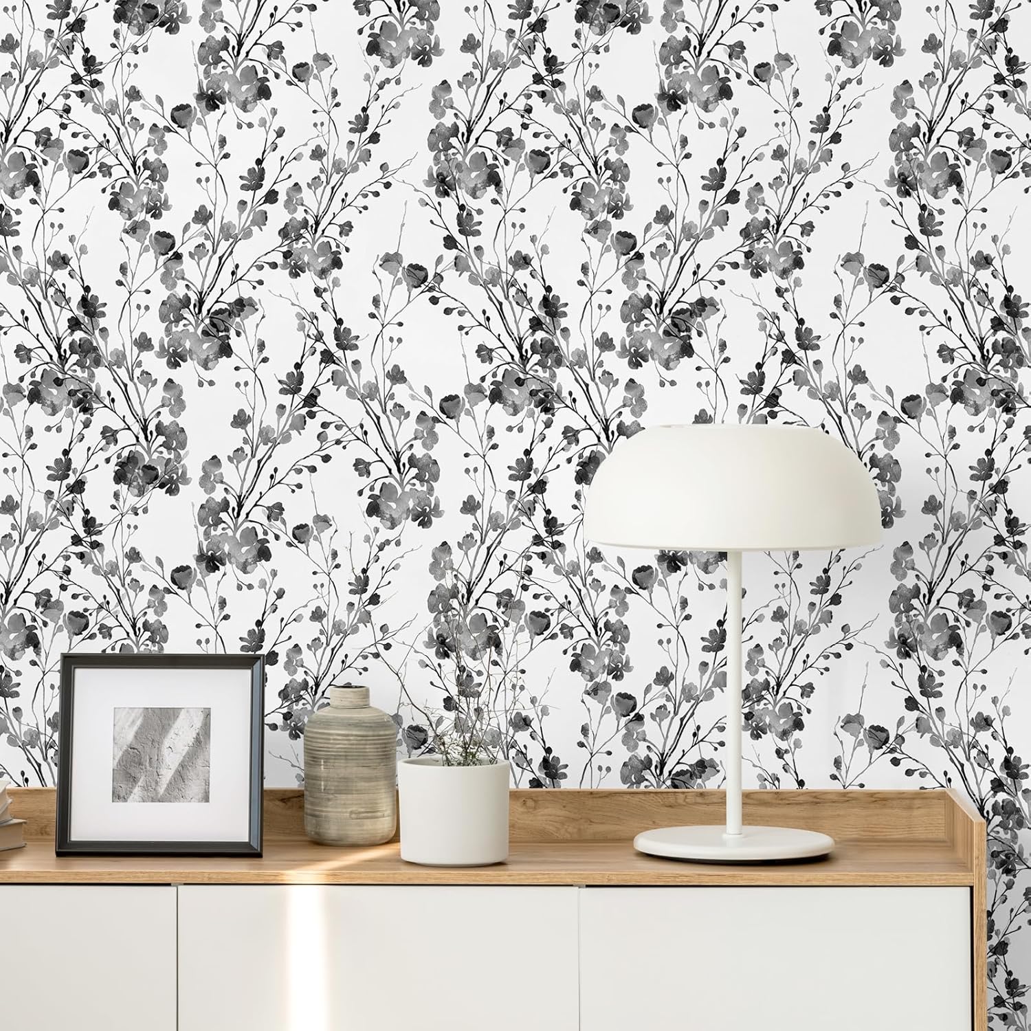 VEELIKE Chinoiserie – Papel tapiz floral en blanco y negro, bohemio, para dormitorio, 17.7 x 354 pulgadas, removible, autoadhesivo, papel de