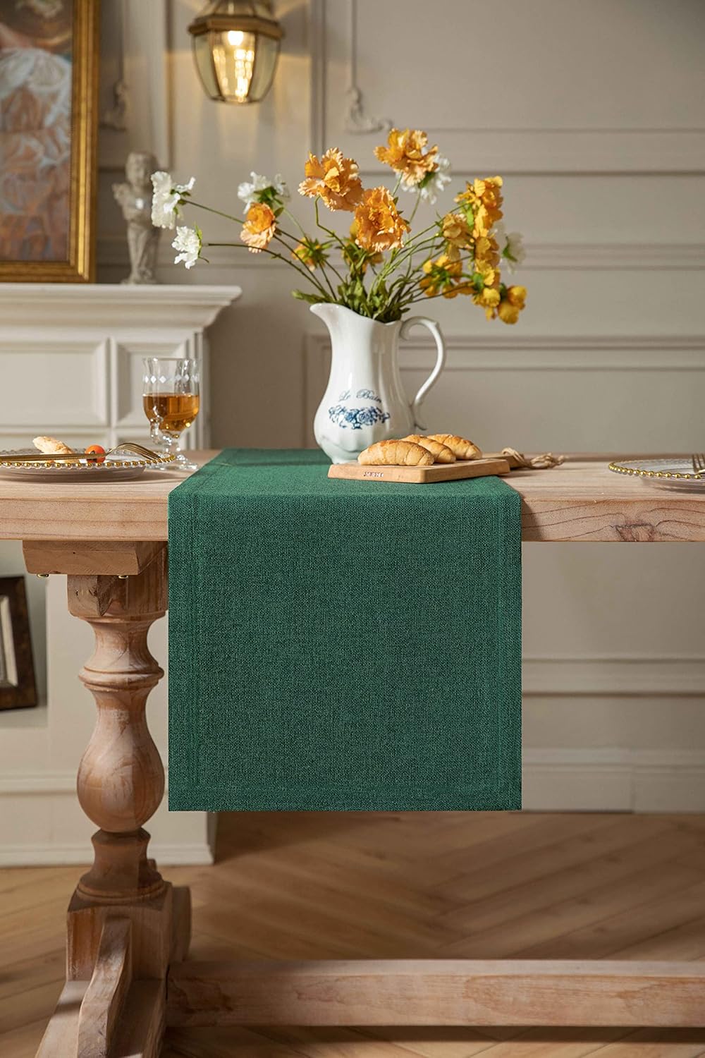 ZeeMart Camino de mesa de arpillera estilo granja de 90 pulgadas de largo, camino de mesa de comedor tejido rústico verde para uso diario, 14 x 90