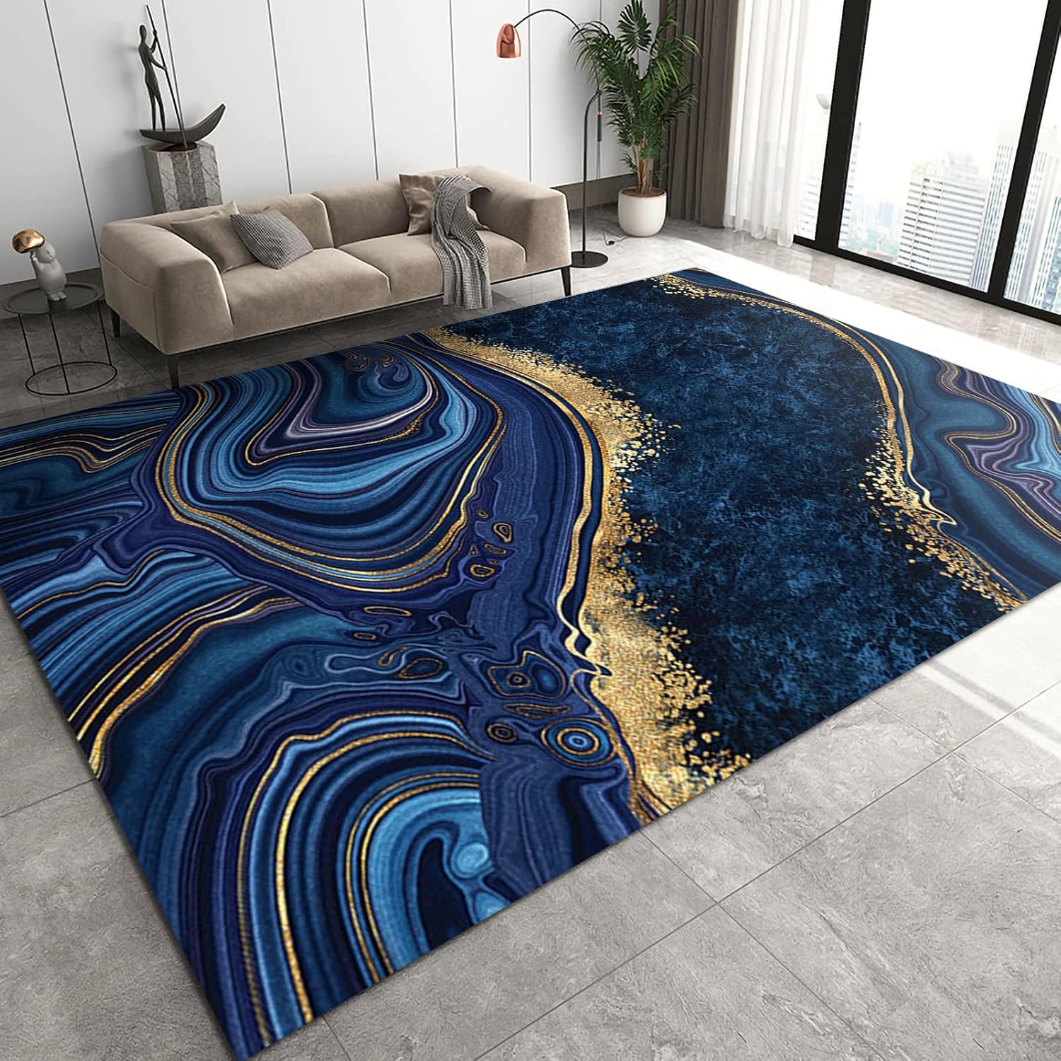 QINYUN Alfombra moderna y ligera de estilo de lujo, alfombra decorativa abstracta azul dorada, alfombra para interiores de gran área de pelo bajo,