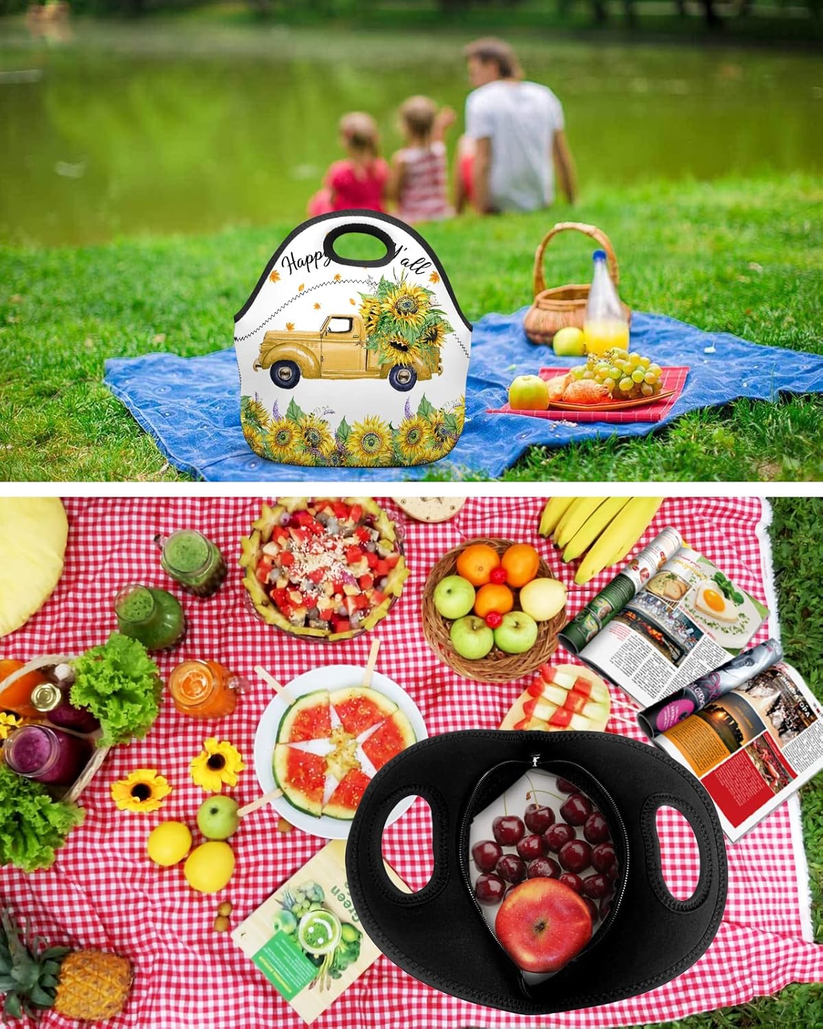 Gsypo Reusable Neoprene Lunch Bag, Happy Fall Y’all Sunflower on Farm Truck Autumn Leaf Soft Thermal Meal Tote, Lightweight Washable Insulated Lunch