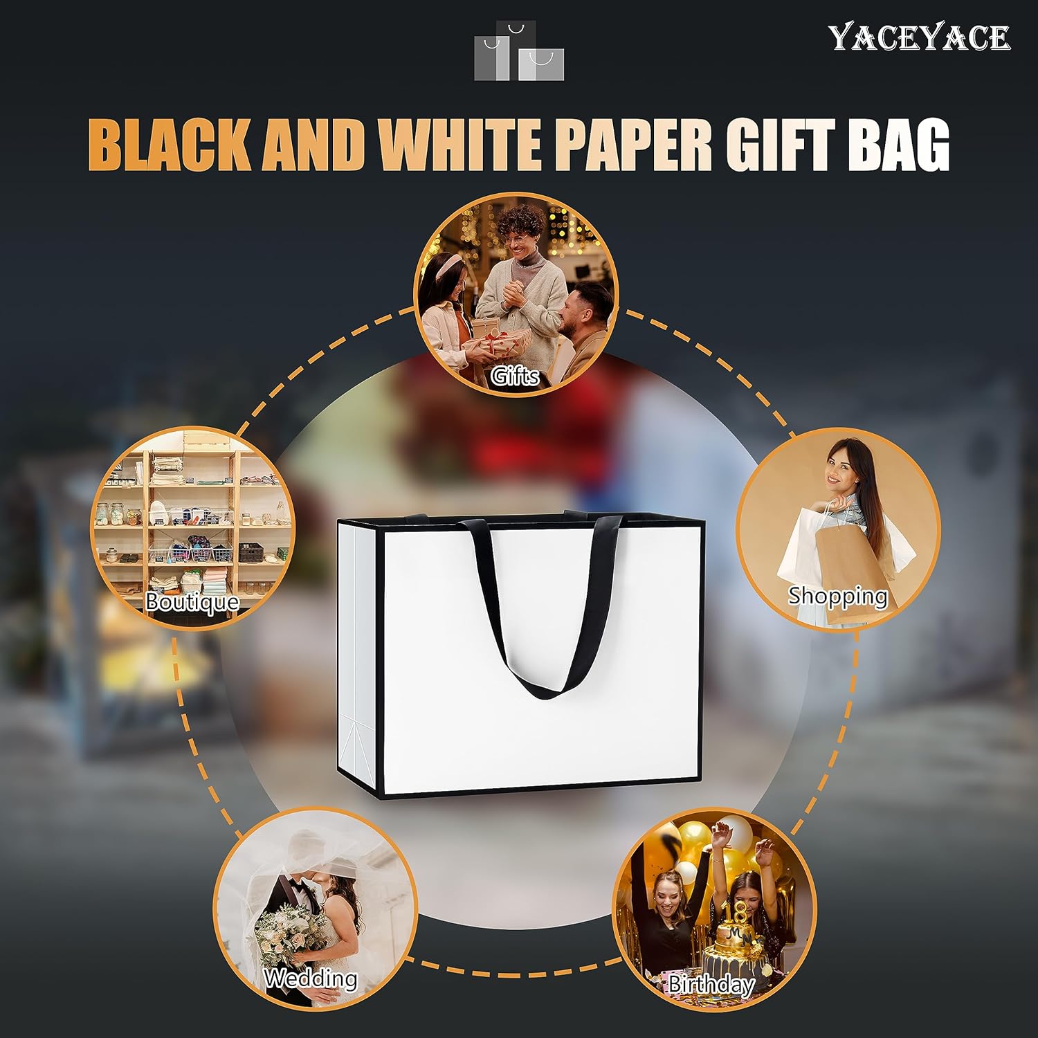 Bolsas de regalo blancas y negras a granel YACEYACE 20 piezas de 10.5 x 4.25 x 8 pulgadas, bolsas de regalo medianas blancas con asas de cinta,