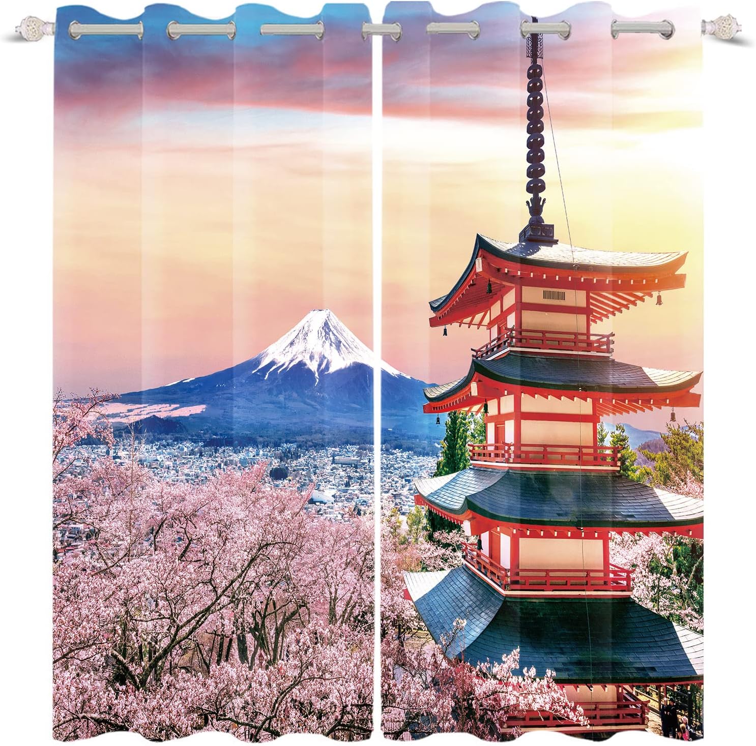 Cortinas japonesas con diseño de volcán japonés, pabellón de volcán japonés, para dormitorio, sala de estar, puesta de sol, nieve, montaña, cortinas