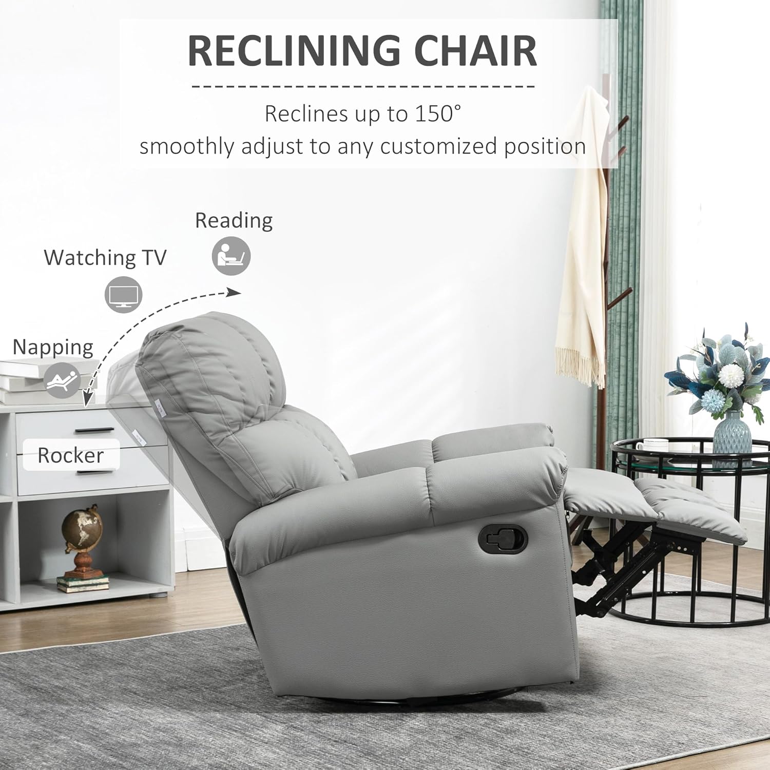 HOMCOM Rocker – Silla reclinable con respaldo y asiento sobrerelleno, silla reclinable manual de piel sintética con reposapiés y base de rotación