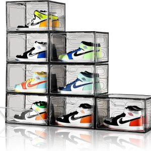 Paquete de 8 cajas de zapatos apilables color gris, organizador grande de almacenamiento de zapatos con tapas, contenedores laterales caídos para Paquete de 8 cajas de zapatos apilables color gris, organizador grande de almacenamiento de zapatos con tapas, contenedores laterales caídos para