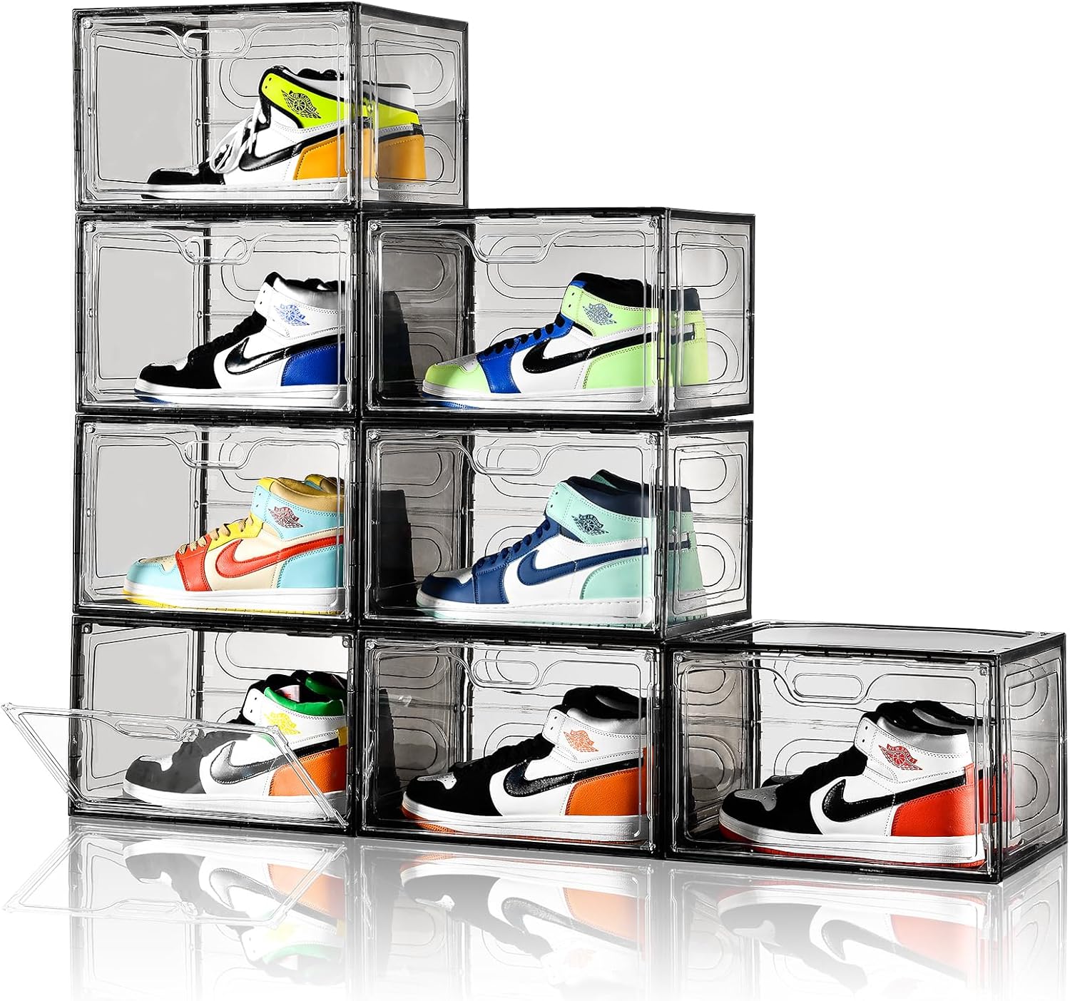 Paquete de 8 cajas de zapatos apilables color gris, organizador grande de almacenamiento de zapatos con tapas, contenedores laterales caídos para