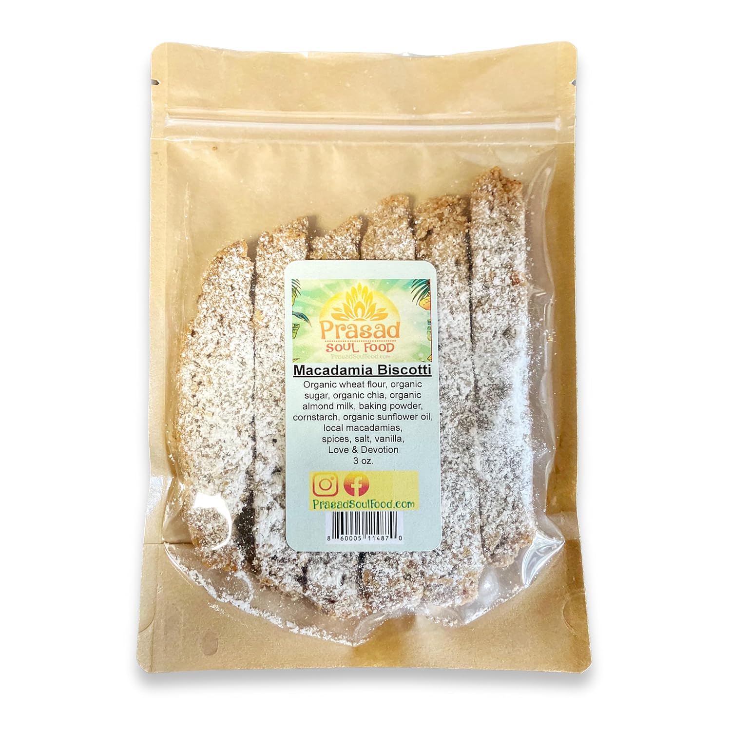 Biscotti de macadamia – 3oz  Mayormente orgánico  Hecho con amor en Hawái