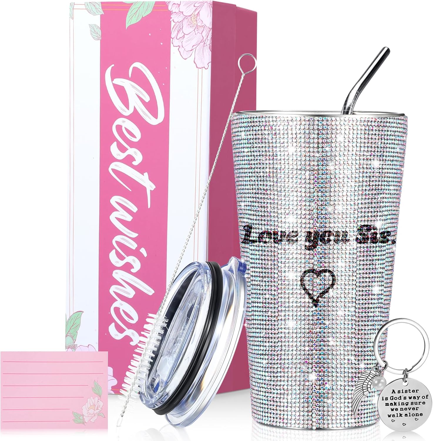 2 piezas de regalos de agradecimiento para mujeres, vaso de diamantes de imitación de 17 onzas con tapa, cepillo para pajilla, vaso de acero