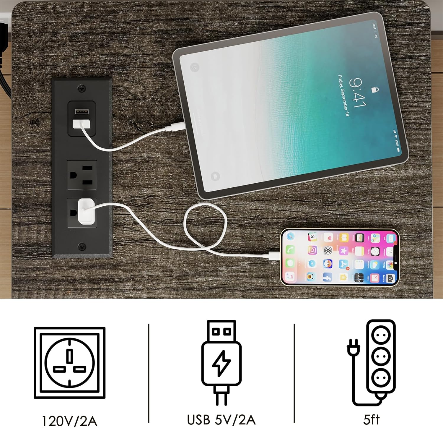 Fixwal Mesita de noche de 2 niveles con estación de carga, juego de 2, mesa auxiliar con puertos USB y tomas de corriente, mesa auxiliar para sala