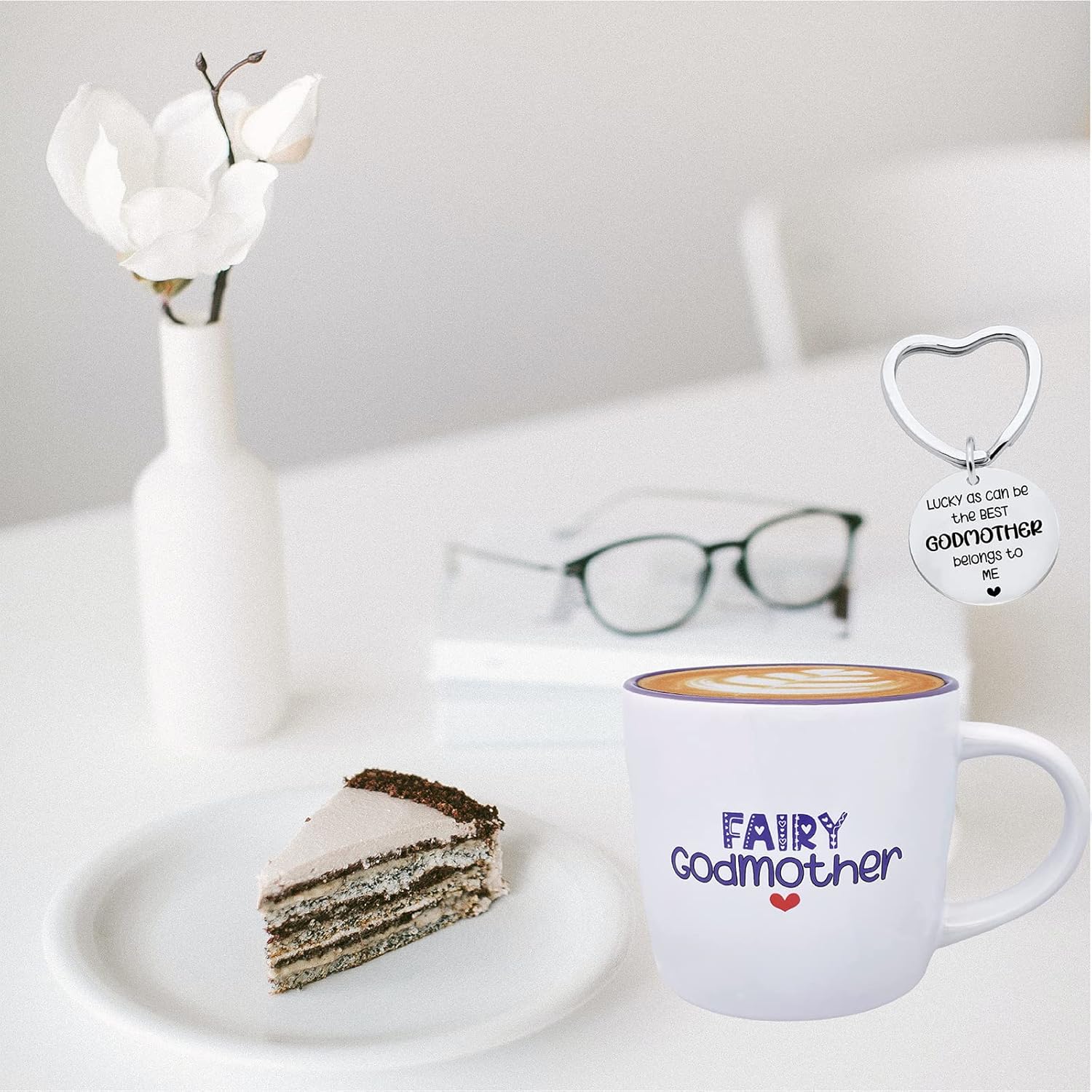 Taza de cerámica para madrina de 11 onzas, llavero de madrina, regalos para madrina de parte del ahijado, taza de café, regalo de hada madrina,