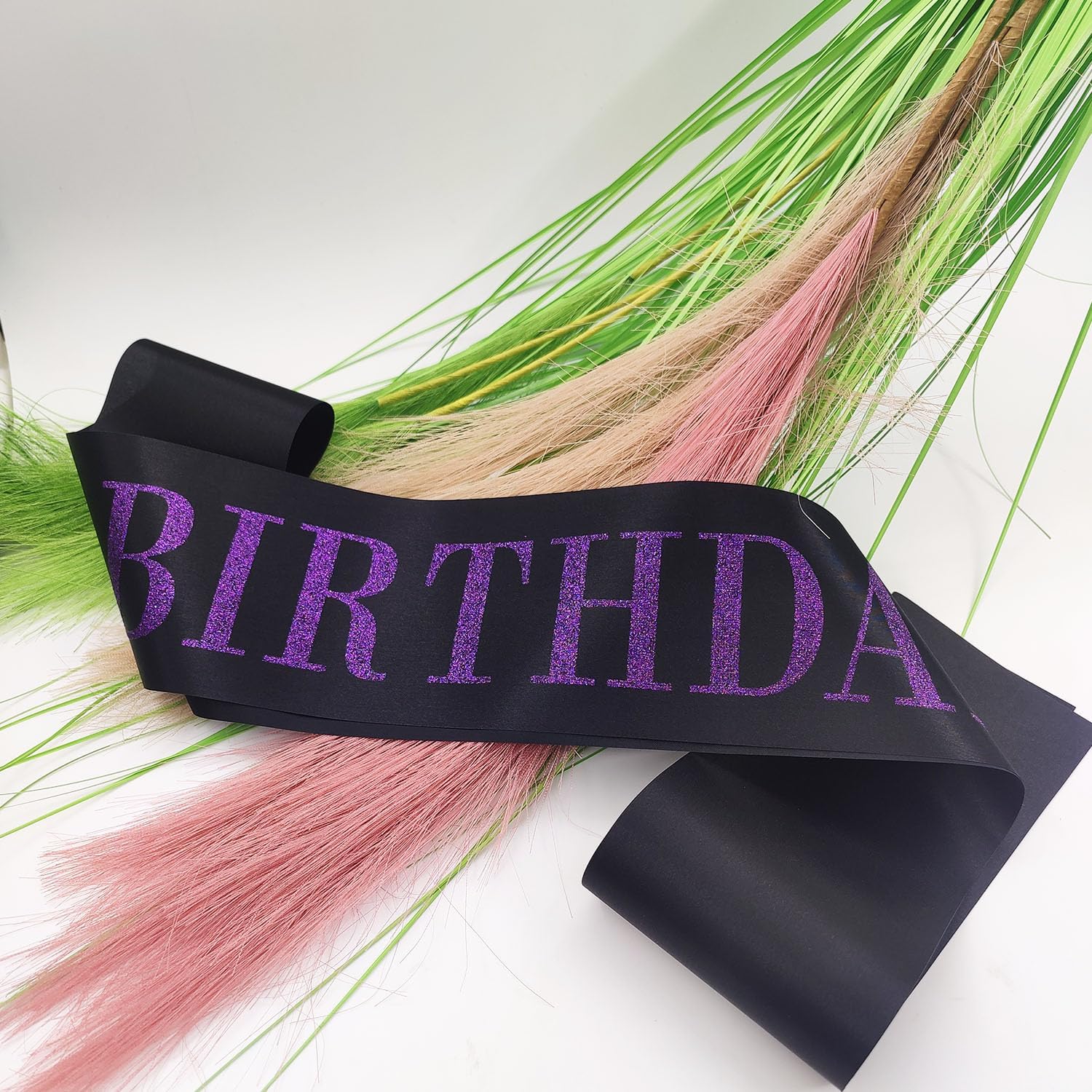 Banda de cumpleaños para mujer, banda de satén negro con purpurina morada, decoraciones de fiesta de princesa de feliz cumpleaños, suministros de